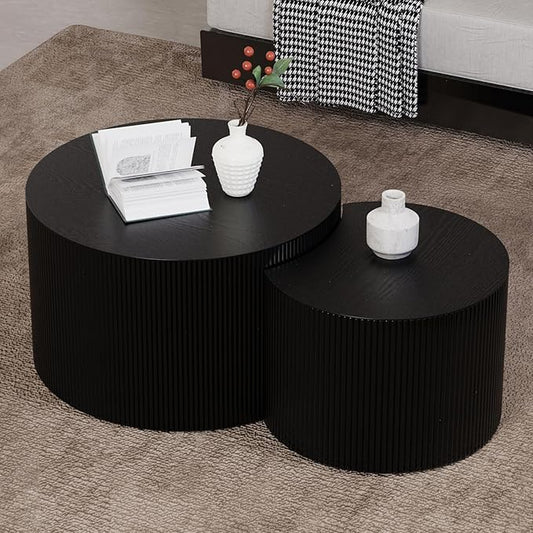 Round Nesting Coffee Table Wood Drum Nesting Tables Modern Stacking Coffee Table Set of 2 Fluted Center Table End Table for Living Room Home Office Small Spaces, No Assembling (Black Crescent)