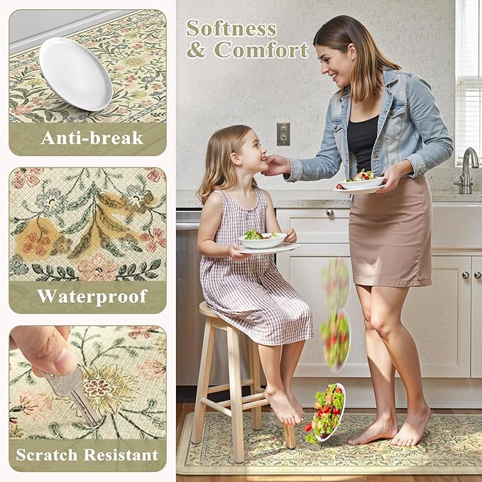Collive Kitchen Mats for Floor 2PCS, Cushioned Anti Fatigue Rugs Non Slip Waterproof Kitchen Sink Mat, Floral Comfort Standing Mat for Bar, Office, Desk, Home Decor, Beige 20" x 47" + 20" x 32"