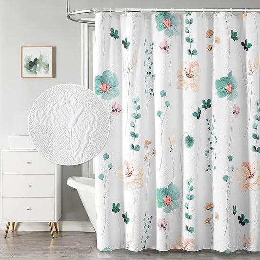 QiyI Watercolor Floral Shower Curtain, 3D Embossed Butterflies Teal Beige Flower Bathroom Curtain, Minimalist White Cloth Bath Curtains, Waterproof Fabric Textured Shower Curtain Set with Hooks, 72x72