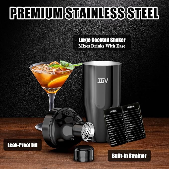 IOV Cocktail Shaker, 24 oz Martini Shaker, Drink Mixer with Built-in Strainer, Professional Stainless Steel Margarita Alcohol Shaker with Cocktail Recipe Guide, Bartender Kit Gifts, Black