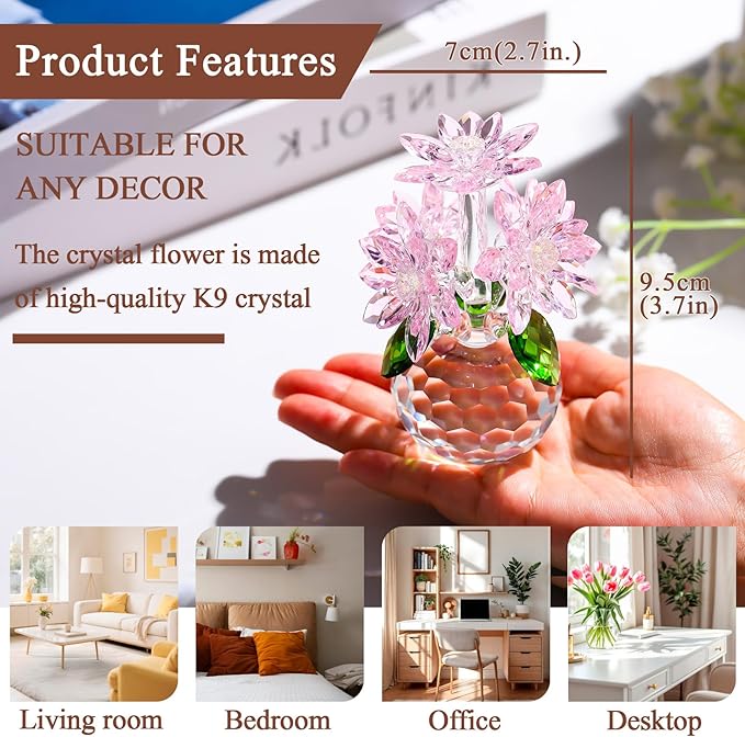 Enjinkail Handmade Crystal Daisy Figurine - Pink Glass Flowers Gifts for Women, Elegant Home Decor & Table Centerpiece