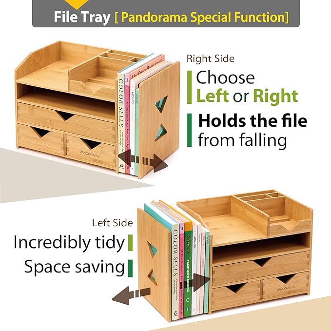 Pandorama Bamboo Desk Organizer with Adjustable File & Book Holder, Large 4Tier Dektop Storage for Office, A4 Full Size Drawer, No Assembly Required,Kitchen and Bedroom