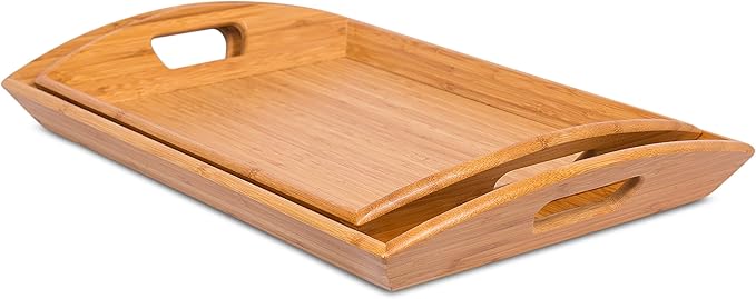 BIRDROCK HOME Breakfast Serving Tray with Handles - Set of 2 - Natural Bamboo - Wood - Food - Breakfast Tray - Party Platter - Nesting - Kitchen and Dining