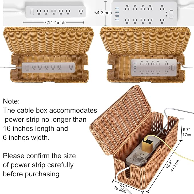 Handmade Cable Management Box, Rattan Cord Organizer Basket with Border Bar Lid, 3 Open Slots Cords Hider Box, Desk Organizer for TV Wires Computer Router USB Hub & Power Strip (Natural)