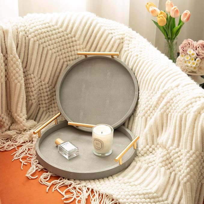 Leather Serving Tray, Set of 2 Round Shagreen Tray with Gold Polished Metal Handles, Decorative Trays Coffee Table Ottoman Trays for Living Room Bathroom Vanity Home Decor (Gray)