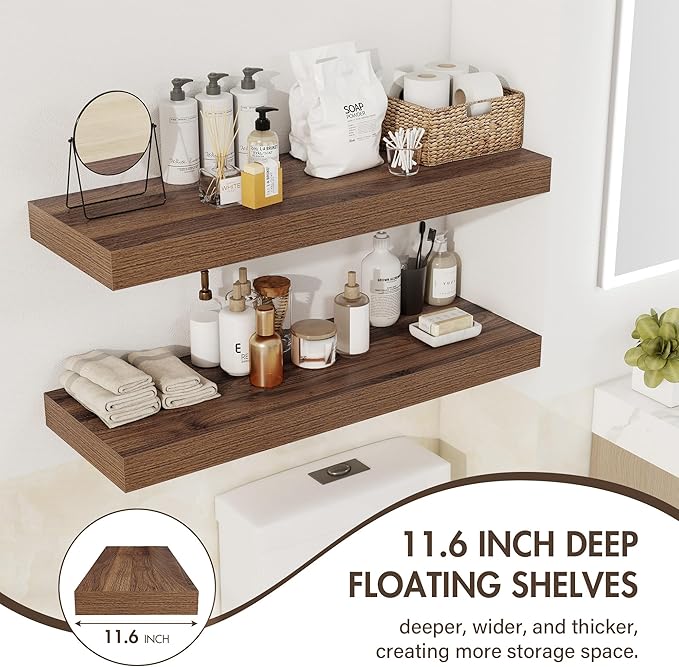 48 Inch Floating Shelves, 12" Deep Floating Shelf Wall Mounted, 48" Wall Shelves, Rustic Deep Bookshelf, Extra Deeper & Thicker Display Shelves for Bedroom, Living Room, Walnut, Set of 2