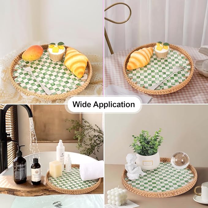 Round Rattan Tray with Mother of Pearl Inlay, Rattan Serving Tray for Coffee, Bread, Fruits, Decorative Wicker Tray for Table Decor, Home Decor, Kitchen Island Decor(Green Checkerboard, 11.8")