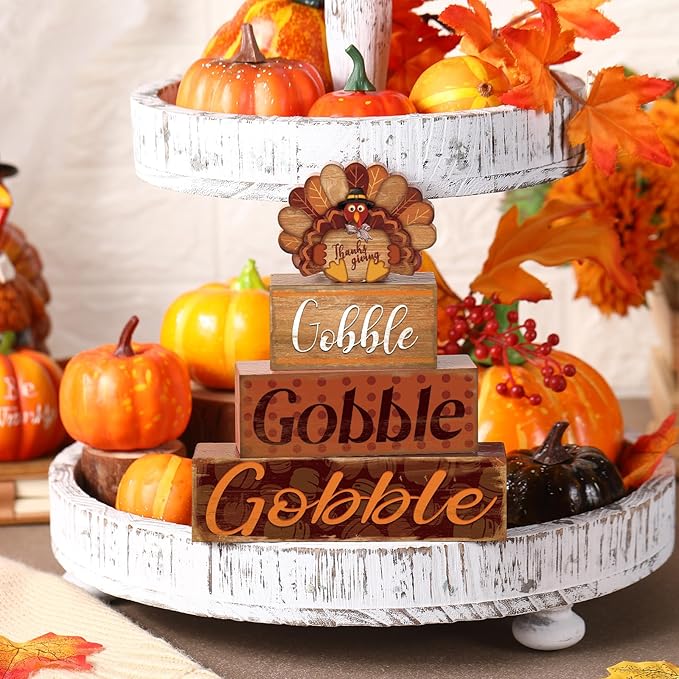 4 Pcs Thanksgiving Decor for Home Cute Turkey Wooden Signs with Sayings Thanksgiving Fall Tiered Tray Decor Turkey Tabletop Centerpiece Gobble Block Signs for Office Kitchen Shelf