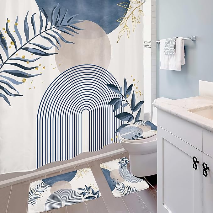4 PCS Navy Blue Gray Boho 72Wx72H Shower Curtain Set Modern Mid Century Plant Bath Rug Toilet Lid Cover Nonslip U Shape Mat Quick Dry Rubber Backed Dirt Resistant Accessories Bathroom Decor