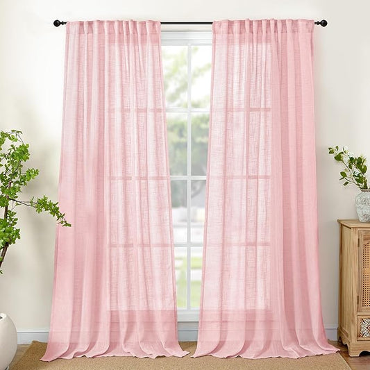 YoungsTex Light Pink Linen Semi Sheer Curtains 84 Inch Length for Living Room, Light Filtering Window Treatments Textured with Rod Pocket Back Tab for Girl Kids Bedroom, 2 Panels, 52 X 84 Inch