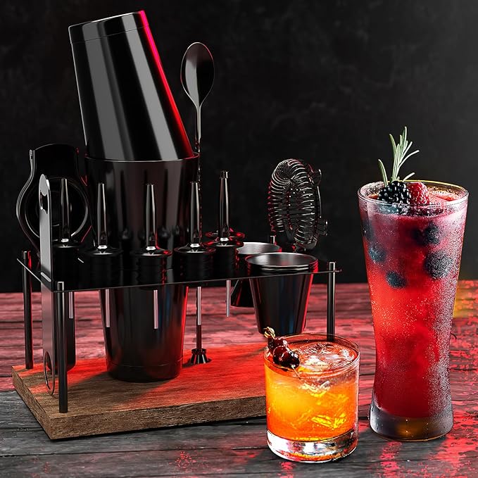 Bar Set Cocktail Shaker Set Bartender Kit, 17 Piece Black Cocktail Set, Mixology Bartender Kit with Wood Stand, Steel Cocktail Kit, Bar Accessories: 30oz Martini Shaker, Muddler, Cocktail Book & More