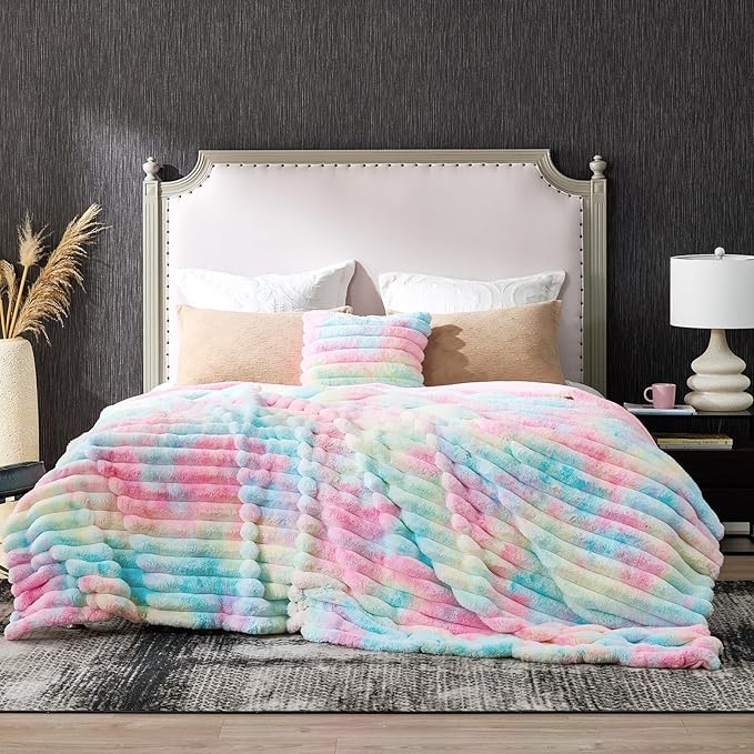 Cozy Bliss Faux Fur Throw Blanket for Couch, Cozy Warm Plush Striped Blanket for Sofa Bedroom Living Room, 108 * 90 Inches Tie-dye Rainbow