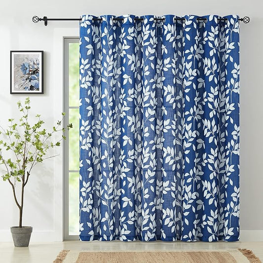 Royal Blue Semi Sheer Curtains for Sliding Glass Door 100"x 84" Extra Wide Glass Door Curtain Panels Linen Textrued White leaf Pattern Curtain Dripes for Living Room Window Draperies Grommet 1pcs