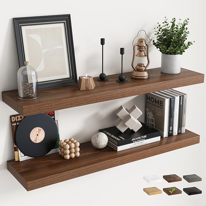 40 Inch Floating Shelves for Wall Set of 2, 8"D Wood Grain Bathroom Shelves with Invisible Brackets, Easy Install Engineered Wood Storage Shelves for Kitchen, Living Room, Bedroom, Walnut Finish