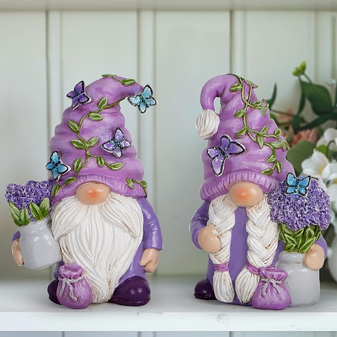 Hodao 2PCS Lavender Dream Gnome Set - Purple Fragrance Wonderland Journey Spring Swedish Tomte Elf Dwarf Figurines Summer Gnome Indoor Home Decor Gift (Lavender)