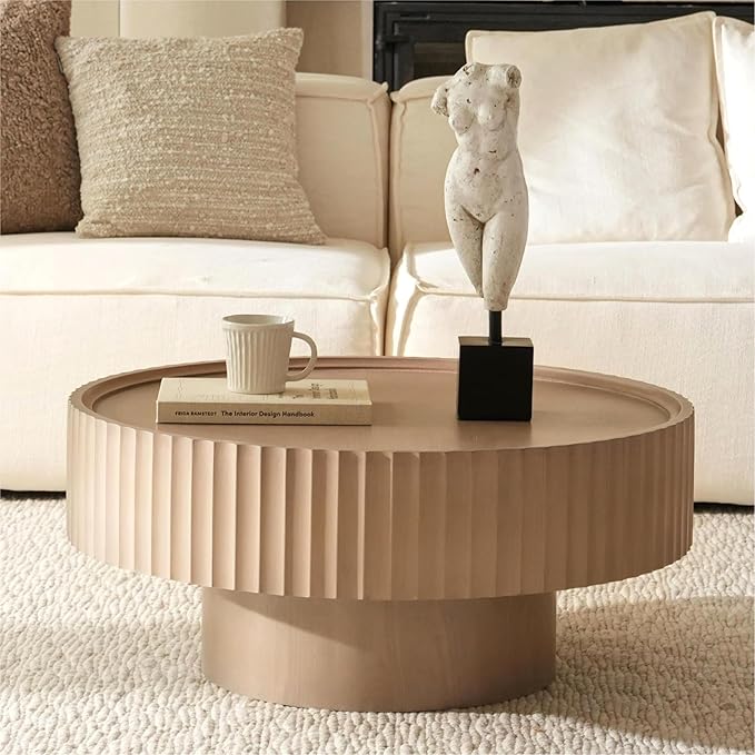 Round Coffee Table, Modern Living Room Tables with Mushroom Shape and Grooved Design, Large Coffee Tables, Circle Pinewood Center Table for Living Room, Apartment (Gray, 31.8''L×13.7''H)