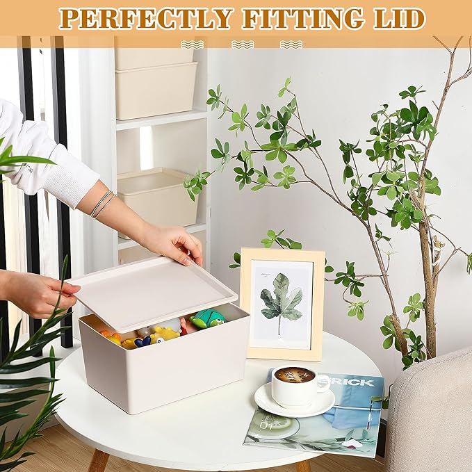 Menkxi 4 Pcs Storage Bins with Lids Plastic Containers Stackable Storage Box Baskets for Organizing Shelves(Beige, Small)