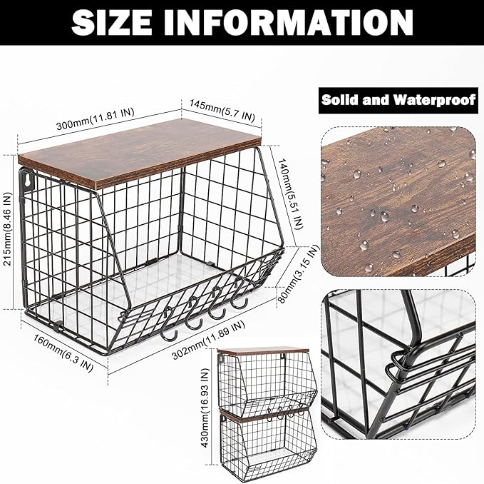 Livabber Fruit Basket for Kitchen, Metal Fruit Vegetable Storage Bin with 2 Banana Hangers, Countertop Wire Basket Organizer for Snack Potato Onion, Screw Mounted or Stand (Black, 2 Pack)