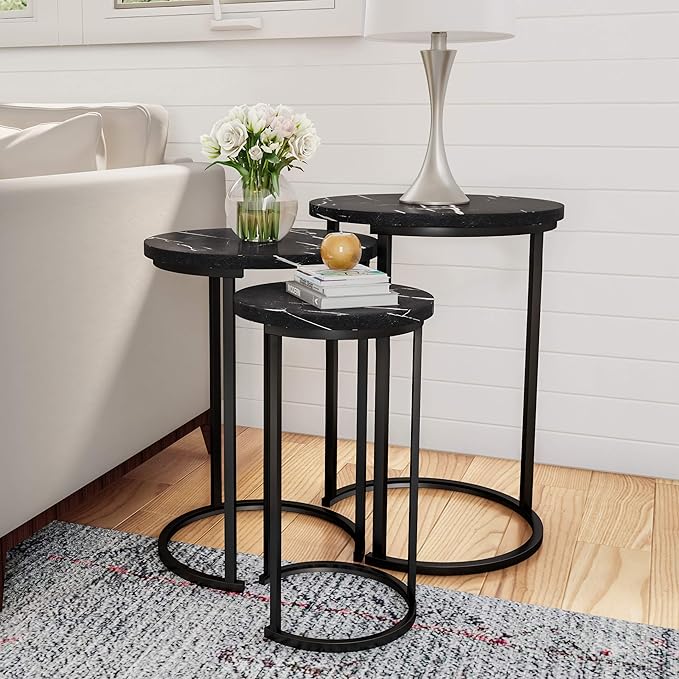 Lavish Home Nesting Tables - Set of 3 Round Side Tables for Living Room, Bedroom, or Home Office - Faux Marble End Table Set - Modern Living Room Furniture (Black)