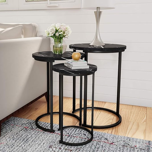 Lavish Home Nesting Tables - Set of 3 Round Side Tables for Living Room, Bedroom, or Home Office - Faux Marble End Table Set - Modern Living Room Furniture (Black)