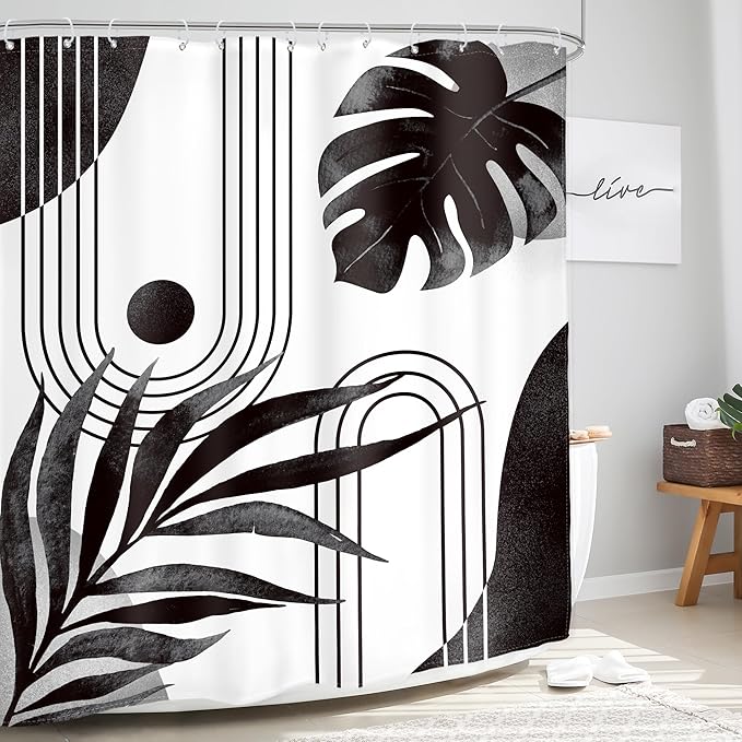 Glawry Boho Black White Shower Curtain Mid Century Abstract Tropical Palm Leaf Modern Minimalist Plant Botanical Bathroom Geometric 60Wx72L Inches Bath Accessories Art Home Decor Fabric 12 Pack Hooks