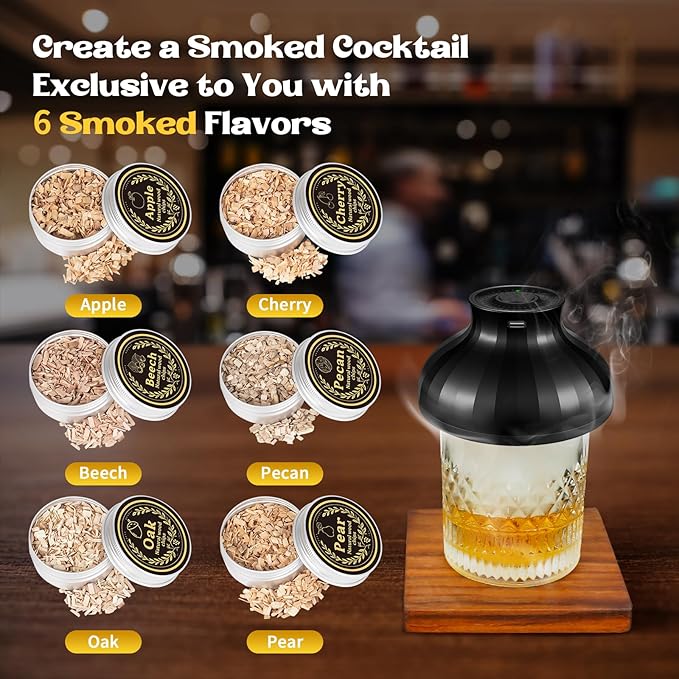 Electric Whiskey Smoker Kit, Rechargeable Cocktail Bourbon Smoker Kit with 6 Wood Chips for Whiskey Cocktails, Old Fashioned Drink Smoker Kit Birthday Christmas Gifts for Men, Dad, Husband (No Butane）
