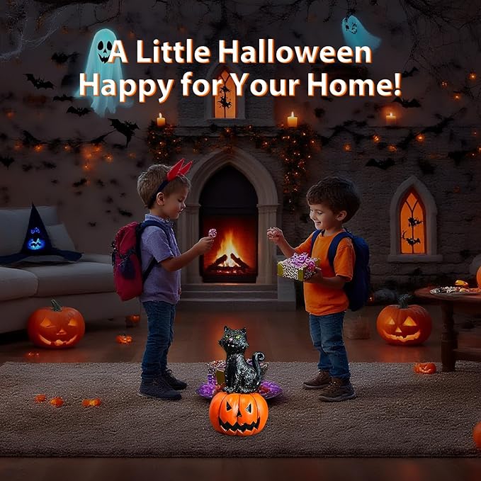 Halloween Decor Mini Resin Pumpkin Cat Figurine - Cute Desktop Decor for Home, Office, Mantle, Shelf Sitter Decorations Gift