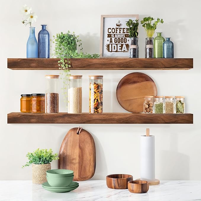 Sorbus Wood Floating Shelves for Wall - 35” Solid Wood Wall Shelves for Bathroom Decor, Books, Bedroom & Living Room - Set of 2 Walnut Wall Mounted Kitchen Shelves - Durable Solid Pine