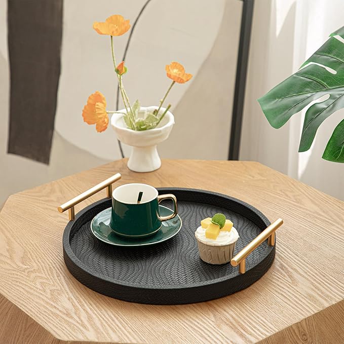 2 Piece Black Round Serving Tray with Handles, Woven-Texture Faux Leather Ottoman Tray for Living Room, Decorative Tray for Coffee Table Home Decor