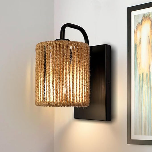 Boho Wall Sconce, Rattan Wall Light Fixtures with Hemp Rope Rustic Sconces for Living Room Bathroom Hallway Bohemian Modern Woven Scocne E26 10inch