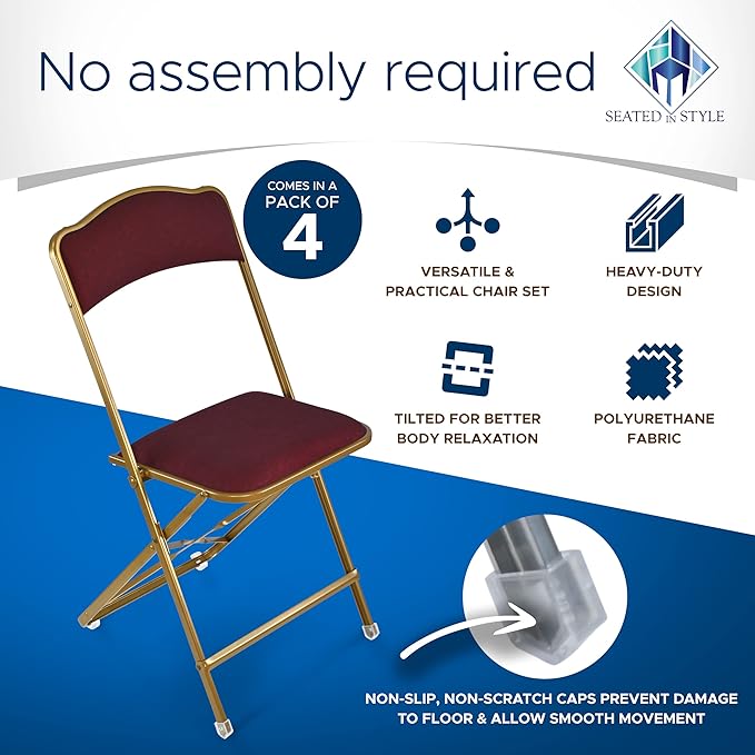 Folding Chairs with Padded Seats 4 Pack - Foldable Chair with Heavy-Duty Steel Frame, Elegant Party Bridge Chairs, Home, Office, Indoor Outdoor Events - Gold/Burgundy Fabric