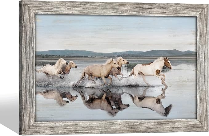 Horse Wood Wall Art Rustic: Wild Animal Galloping Framed Picture Decor Bedroom Horses Western Painting Print Wildlife Artwork for Living Room Home Bathroom