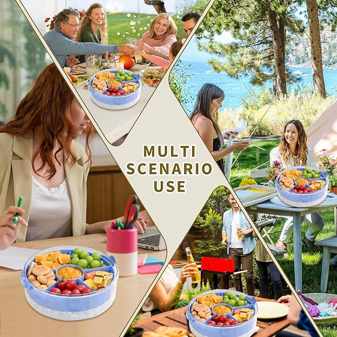 Divided Chilled Serving Tray for Parties,Ice Chilled Party Platter,Ice Serving Bowl with Lid and Handle,Charcuterie Serving Board,Cold Dish Dip for Fruit Seafood Vegetable Shrimp Cocktail Appetizer...