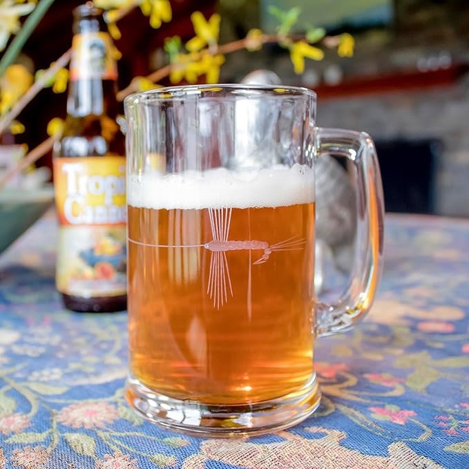 Rolf Glass Fly Fishing Beer Mug | Set of 2 15oz Beer Glasses | Diamond Wheel Engraved in the USA | Outdoor Lifestyle