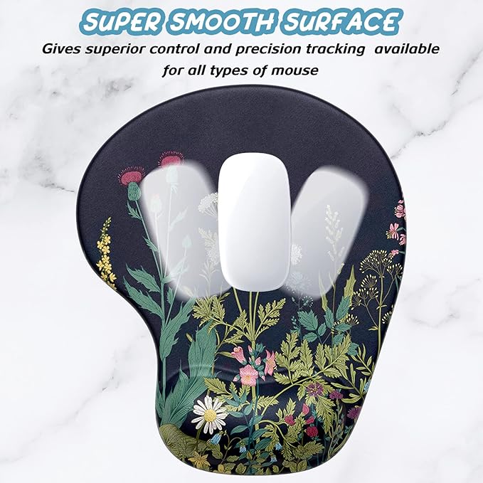 Hsurbtra Ergonomic Mouse Pad with Wrist Rest Support, Gel Mouse Pads with Non-Slip PU Base, Pain Relief Memory Foam Computer Mat, Cute Office Supplies Desk Decro Accessories, Black Flower