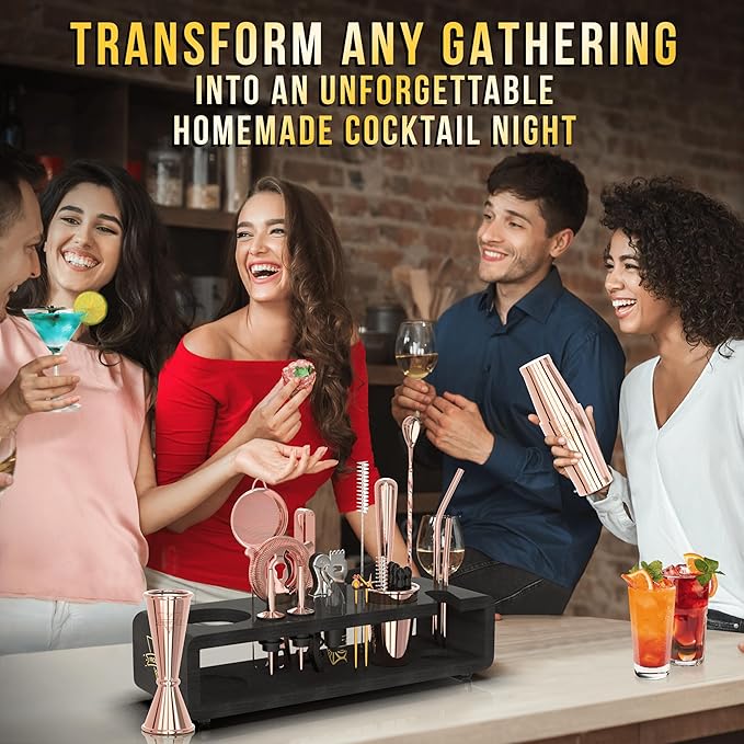 Elite Mixology Bartender Kit 20-Piece Boston Cocktail Shaker Set for Mixing with Stand- Indestructible Bar Accessories Bartending Kit, Cocktail Bar Set, Bartender Set, Bonus Recipe Cards Bar Tools