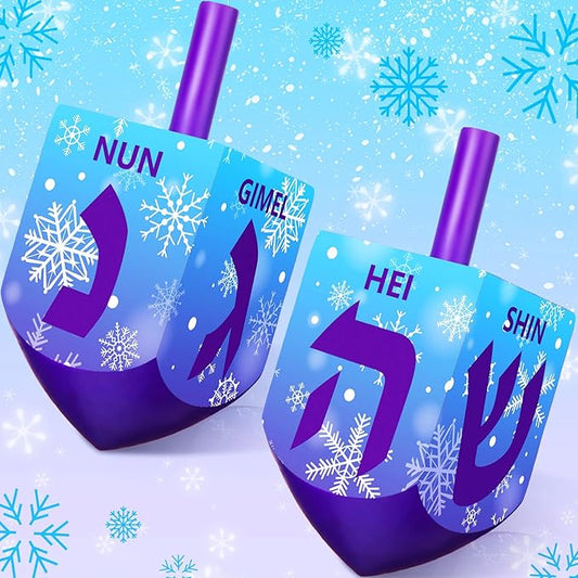 2 Pcs Hanukkah Dreidels Game Toy Extra Large Wooden Dreidel for Hanukkah Decoration with English Transliteration, Forever Spinning Tops Party Favors(Snowflake)