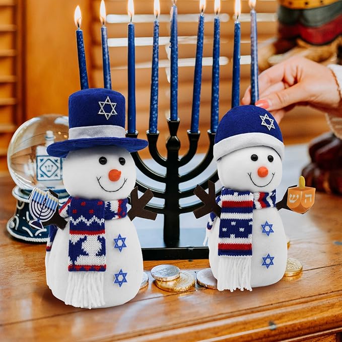 Hanukkah Decorations for Home Indoor, 2Pcs Snowman Plush Figurines with Menorah and Star of David, Jewish Gnomes Holiday Decor Chanukah Ornaments Shelf Table Display Gift Idea