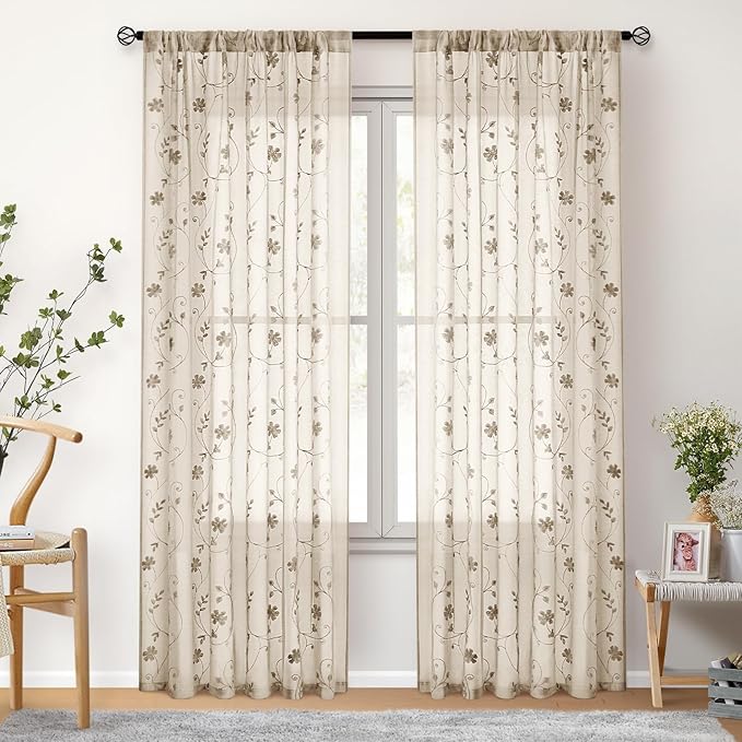 HOMEIDEAS Taupe Sheer Curtains 84 Inches Long 2 Panels Beige Embroidered Floral Pattern Semi Sheer Window Curtains for Bedroom Living Room