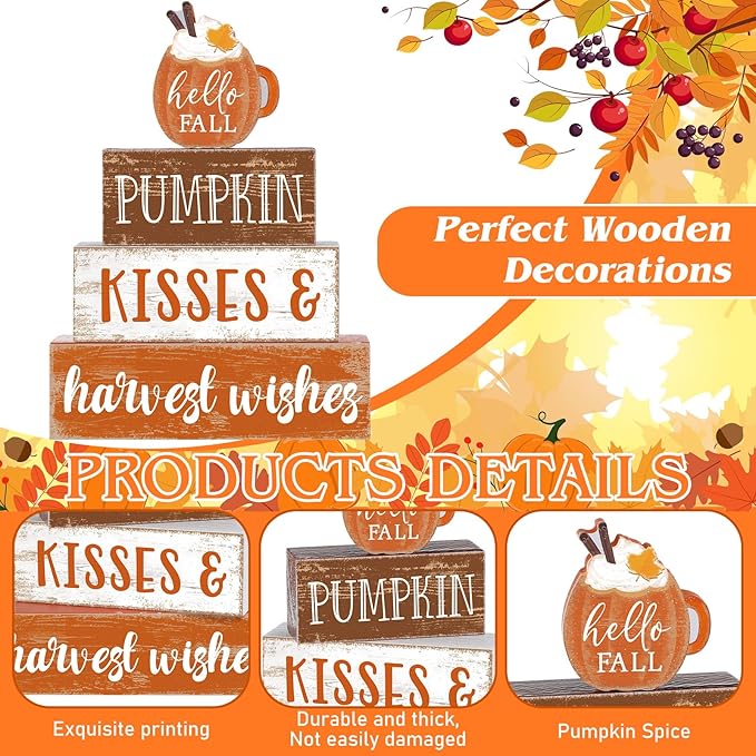 4 Pcs Fall Decor for Home Hello Fall Wooden Signs with Sayings Autumn Thanksgiving Tiered Tray Decor Pumpkin Ice Cream Tabletop Centerpiece Harvest Wishes Block Signs for Office Kitchen Shelf