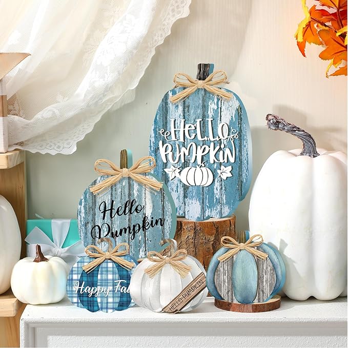 5 Pcs Fall Blue Pumpkin Decor for Home Thanksgiving Wooden Table Centerpiece Decorations Fall Wooden Pumpkin Signs for Autumn Farmhouse Home Living Room Kitchen Mantle Tabletop Supplies