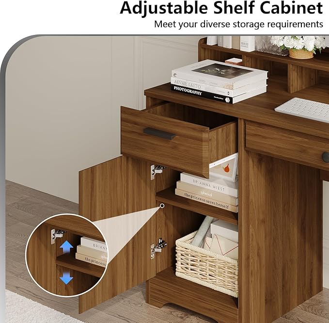 58 Inch Executive Desk with File Drawers, Computer Desk with Storage, Home Office Desk with Storage Cabinet for Bedroom, Rustic Brown