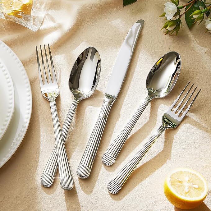 KINGSTONE 20-Piece Silverware Set, 18/10 Stainless Steel Flatware Set - Luxury Elegant Striped Cutlery with Dishwasher Safe, Durable for Family Dining, Catering, Weddings, Anniversaries Gift