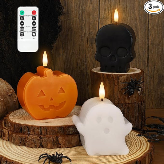 Halloween Flameless Candles with Remote, Real Wax Ghost, Pumpkin, Skull Battery Operated Candles, Flickering LED Fake Candle, Halloween Decorations for Table, fireplace, Home, Party, Festival Decor