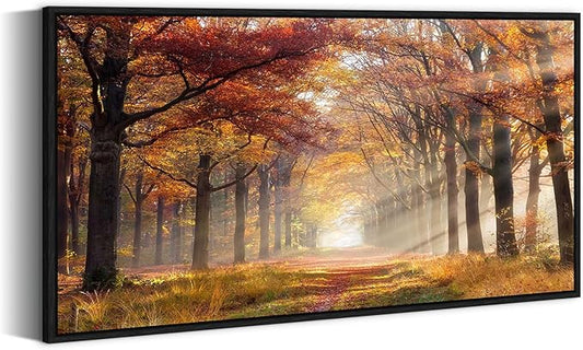 Sunset Forest Framed Wall Art - Yellow Landscape Canvas Picture Woodland Painting Nature Tree Scenery Artwork Prints for Bedroom Living Room