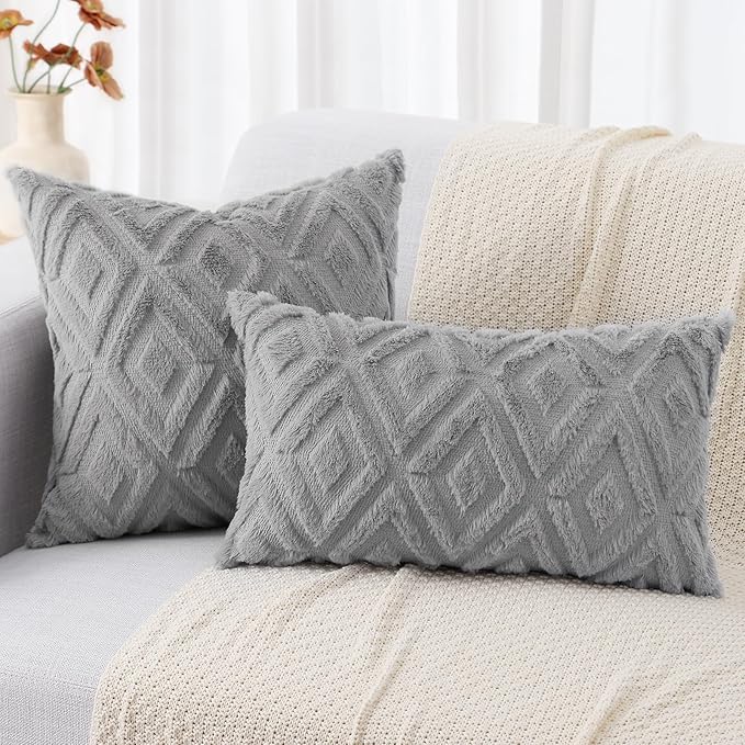 decorUhome Couch Throw Pillow Covers 16x16 Set of 2, Decorative Soft Plush Faux Wool Neutral Accent Pillow Covers for Bed Sofa Living Room, Grey