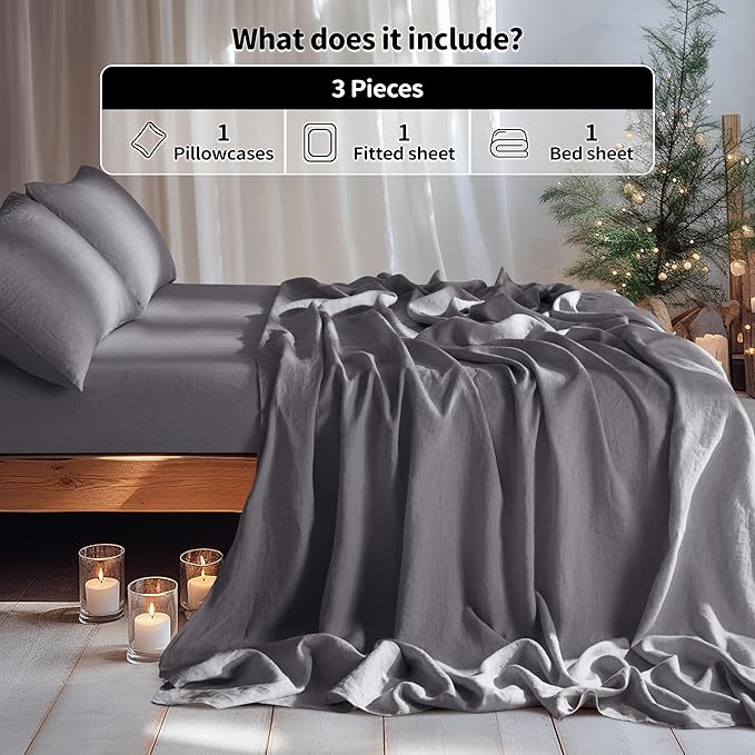 LBRO2M 100% Linen Sheet Set Twin XL Size,Bed Sheets 3 Piece Sets,Solid Color Natural Flax Bed Sheets Soft Breathable Bedding,16" Deep Pocket,All Season (Twin XL, Dark Grey)