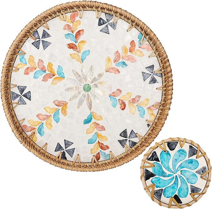 Round Rattan Serving Tray with Mother of Pearl Inlay & Coaster, Boho Wicker Basket, Decorative Coffee Table Tray for Table Decor, Storage and Display of Coffee Bread Fruit (Colored Feather)