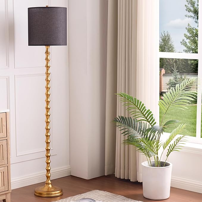 64.5" Tall Floor Lamp, Vintage Gold Finish with White/Black Linen Shade, 3-Level Lighting, Sturdy Base for Living Room, Bedroom, Nursery Decor