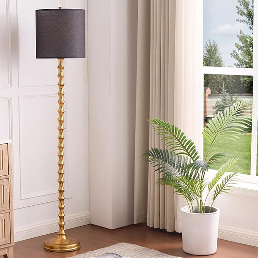 64.5" Tall Floor Lamp, Vintage Gold Finish with White/Black Linen Shade, 3-Level Lighting, Sturdy Base for Living Room, Bedroom, Nursery Decor